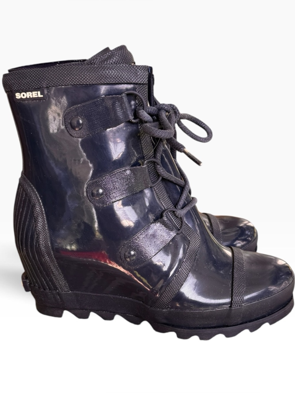 Sorel Joan Of Arc Rain Wedge Rubber Boot Tie Navy Blue 9.5 Booties